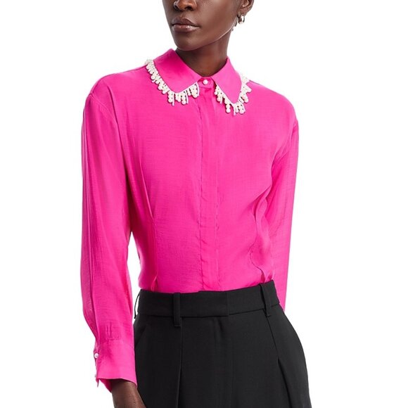 Gracia Tops - Gracia Fuchsia Pearl Beaded Collar Long Sleeve Button Down Shirt NWT